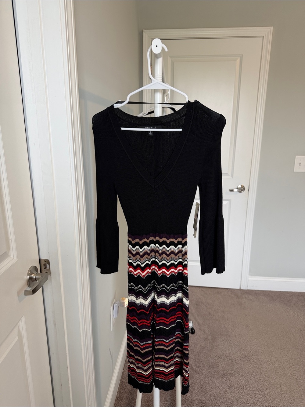 Nine West Black Knit Dress with Multicolor Chevron Skirt
